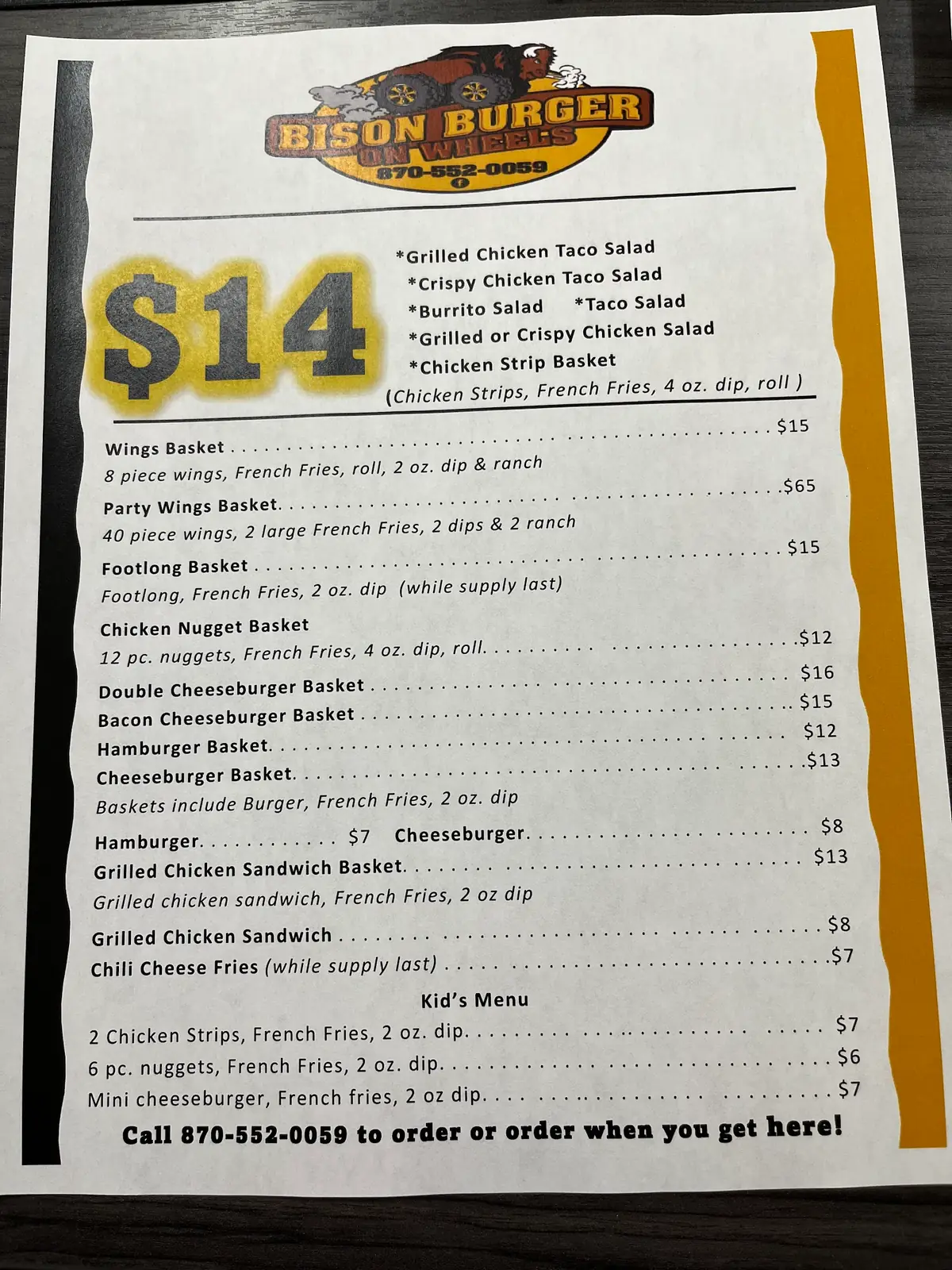 Bison Burger on Wheels Menu